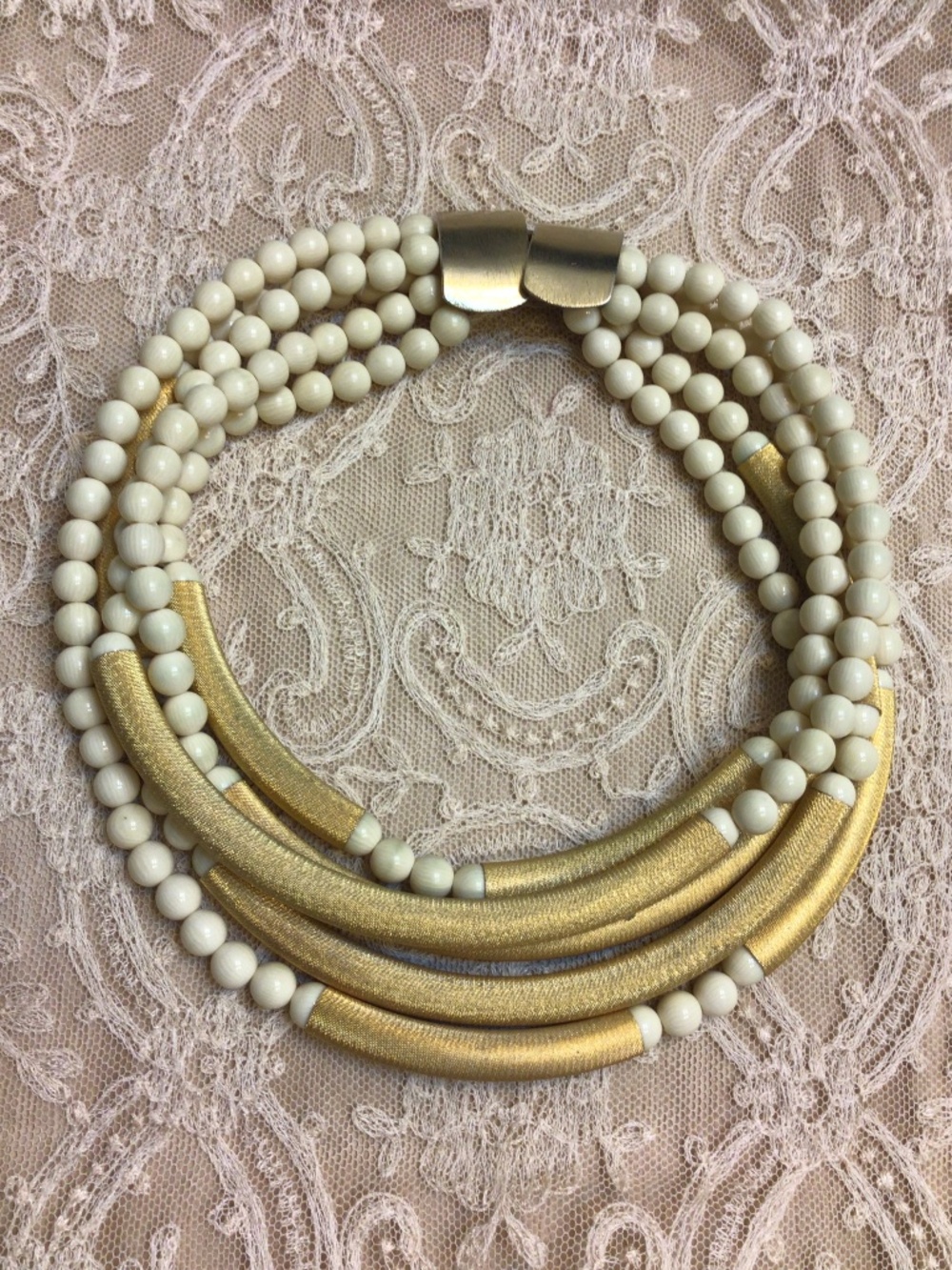 Statement Bib Choker Textured Curved Goldtone Metallic Tubes Cream Colored Beads